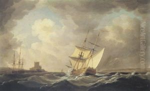 A British Man Of War In Rough Seas Off The Coast