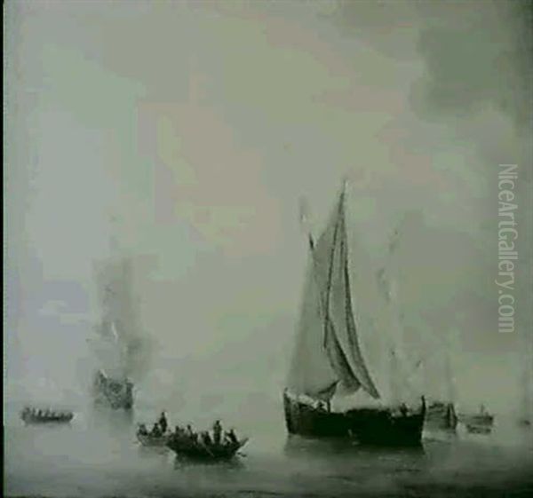 Full Rigged Man O'war Firing A Salute With Others Vessels In A Calm - view 1