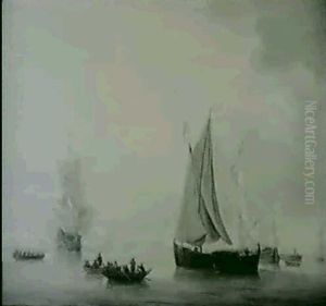 Full Rigged Man O'war Firing A Salute With Others           Vessels In A Calm by Charles Brooking
