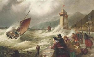 Fishing Boats Battling Their Way Into Lynmouth, In Heavy Seas On A Full Tide, With Anxious Townsfolk Watching From The Jetty
