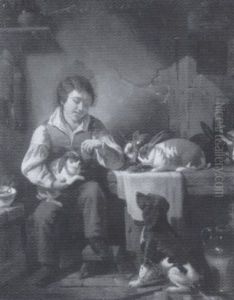 Interior With Boy And Animals by Thomas Brooks
