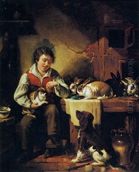 A Young Boy With His Pet Rabbits And Dog - view 1
