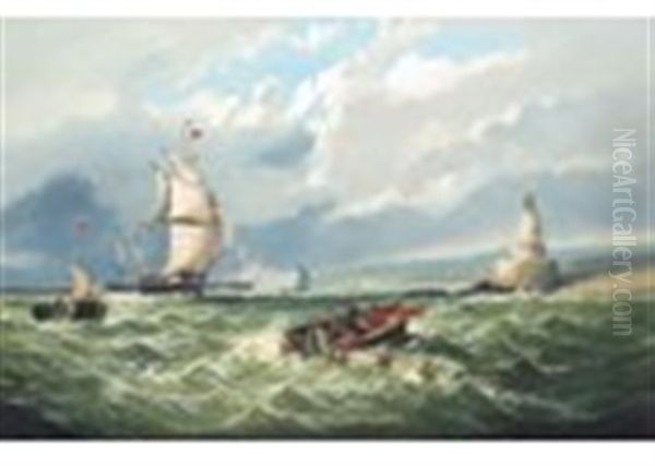 Ships By A Lighthouse With A Boat Recovering A Broken Mast - view 1