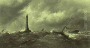 Paddle Tug And A Dismasted Hulk Off A Lighthouse (bishop Rock?)