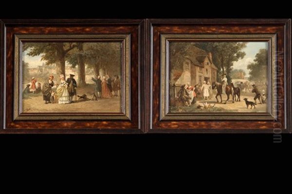 Allee Du Parc Animee Et Halte Du Cavalier A L'auberge (pair) - view 1