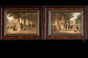 Allee Du Parc Animee Et Halte Du Cavalier A L'auberge (pair) by Jean Jacques Zuidema Broos