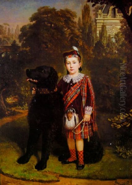 Portrait Of A Young Boy In Scottish Dress With Dog - view 1