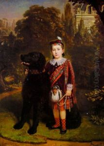 Portrait Of A Young Boy In Scottish Dress With Dog by Guillaume Etienne Andre Brossard