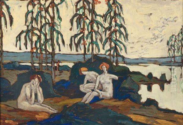 Trois Baigneuses Dans Un Paysage Lacustre, Circa 1920 - view 1
