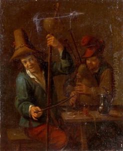 Interieur Mit Bassgeigenspieler Und Flote Spielendem Mann Interieur Mit Bassgeigenspieler Und Flote Spielendem Mann