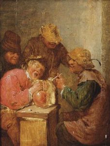 Four Peasants Drinking And Smoking In An Interior by Adriaen Brouwer