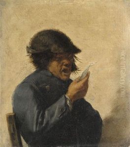 An Interior With A Peasant Singing, Half Length, Wearing A Blue Coat by Adriaen Brouwer