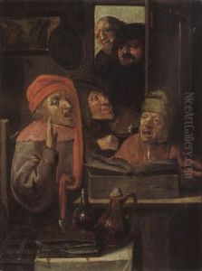 Three Men In An Interior Singing And Playing The Violin, With Two Others Watching Through A Doorway by Adriaen Brouwer