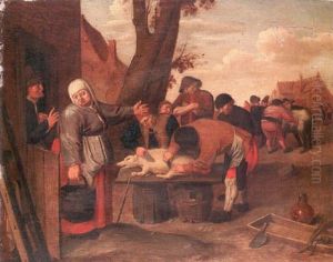A Village Street Scene With Peasants Flaying A Pig