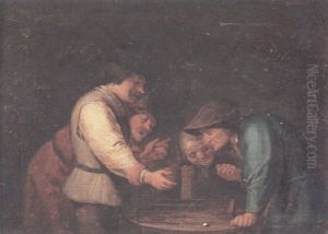 Figures Gathered Around A Table Playing Backgammon by Adriaen Brouwer