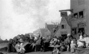 A Village Scene With A Dentist Pulling Teeth And Peasants Fighting Outside A Tavern