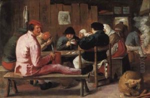 Boors Smoking And Drinking At A Table In A Tavern by Adriaen Brouwer