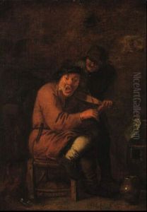 The Sense Of Hearing: A Boor Singing To The Sound Of A Violin by Adriaen Brouwer