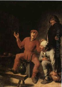 Seated Boer Carousing With Two Companions In An Interior by Adriaen Brouwer