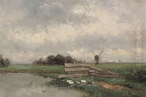 Niederrheinische Landschaft Mit Ententeich Und Windmuhle An Einem Dunstigen Sommertag - view 1