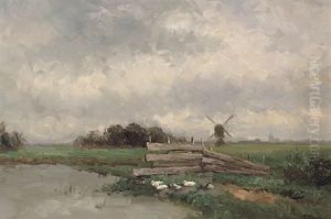Niederrheinische Landschaft Mit Ententeich Und Windmuhle An Einem Dunstigen Sommertag by Berend Jan Brouwer