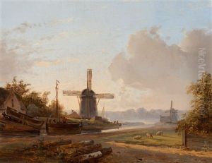 Dutch River View With Mills And Shipyard