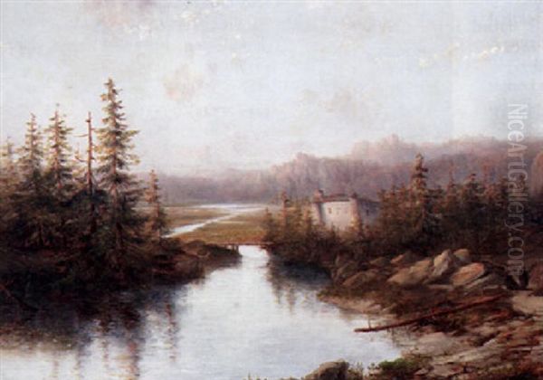 View Of A Castle Along A River In A Wooded Landscape - view 1