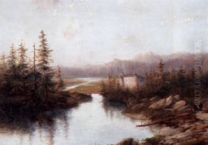 View Of A Castle Along A River In A Wooded Landscape by Petrus Marius Brouwer