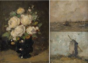 Marine, Moulin A Vent Et Vase Fleuri De Roses Blanches (3 Works) by Jules Brouwers