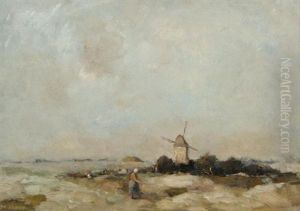 Mill In Landscape With Farmer's Wife by Jules Brouwers