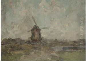 A Windmill In A Landscape by Jules Brouwers
