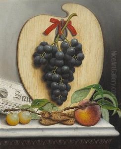 A Still Life With Purple Grapes, A Palette And A Newspaper (+ A Still Life With Green Grapes, A Palette And A Newspaper; Pair) by Albertus (Del Orient) Browere