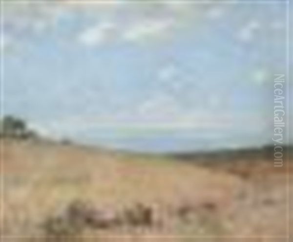 Figures Mending A Fence With A Cottage And The Ocean In The Distance - view 1