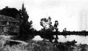 Fisherman On A Pond By A Country Village