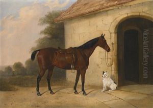 A Saddled Bay Hunter Tethered To A Gatehouse, With A Terrier by Edward (of Coventry) Brown