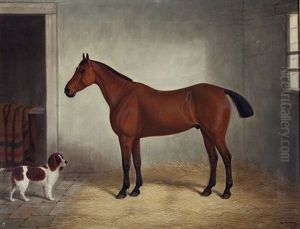 Portrait Of A Chestnut Hunter In A Stable Interior With A Spaniel Beside by Edward (of Coventry) Brown