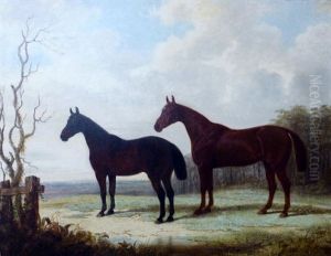 Chestnut Stallion And Mare In A Landscape by Edward (of Coventry) Brown