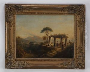 A Gathering Of Women In Peasant Dress On A Hillside With A View Of The Bay Of Naples & Vesuvius Beyond by George Loring Brown