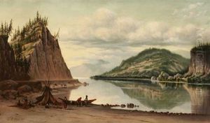 Panoramic Lake Scene - Teepee, Canoe And Figures