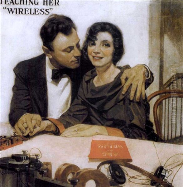 Teaching Her Wireless: Couple At Telegraphy Set - view 1