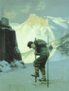 Man Testing Snow Depth In Mountain Pass