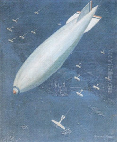 Dirigible Escorted By Biplanes Passing Over New York City - view 1