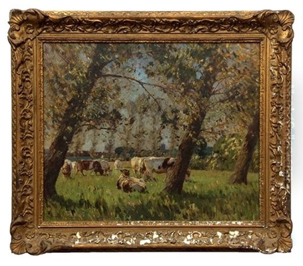 Cattle Grazing In Wooded Landscape With Distant Village And Church - view 1