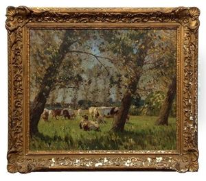 Cattle Grazing In Wooded Landscape With Distant Village And Church by Sir John Alfred Arnesby Brown