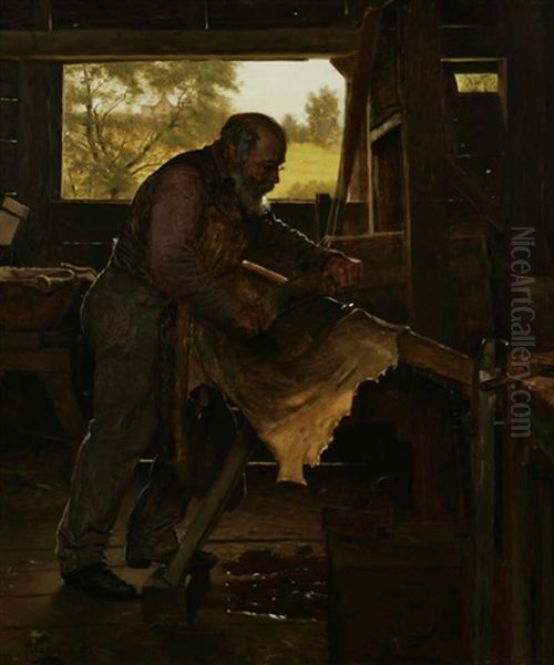 Preparing A Deer Hide In Barn Interior - view 1
