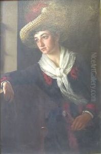 Portrait Of A Young Woman Wearing A Straw Hat With Ostrich Plumes, Gazing Out A Window