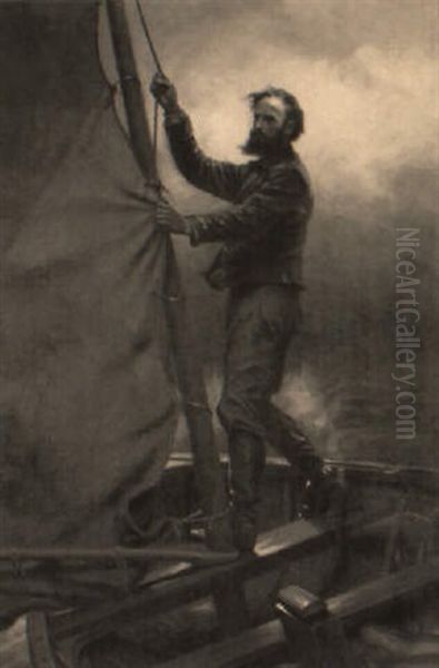 Man Lowering Sail Of Small Boat - view 1
