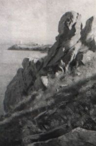 Rocky Seacoast With A Lighthouse In The Distance by John George Brown