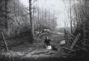 Girl With Dog On Country Road by John George Brown