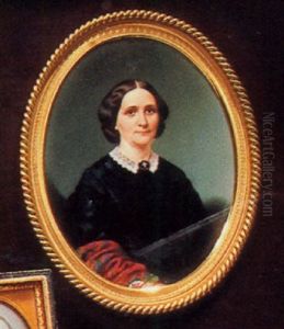 A Lady With Brown Hair In A Dark Blue Silk Dress With Lace Collar, A Multicolored Shawl Over Her Right Arm by John Henry Brown